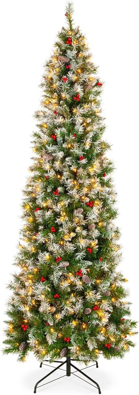 Frosted Pencil Christmas Tree Pre Lit Slim Tree with Pine Cones, 350 Lights & Metal Base